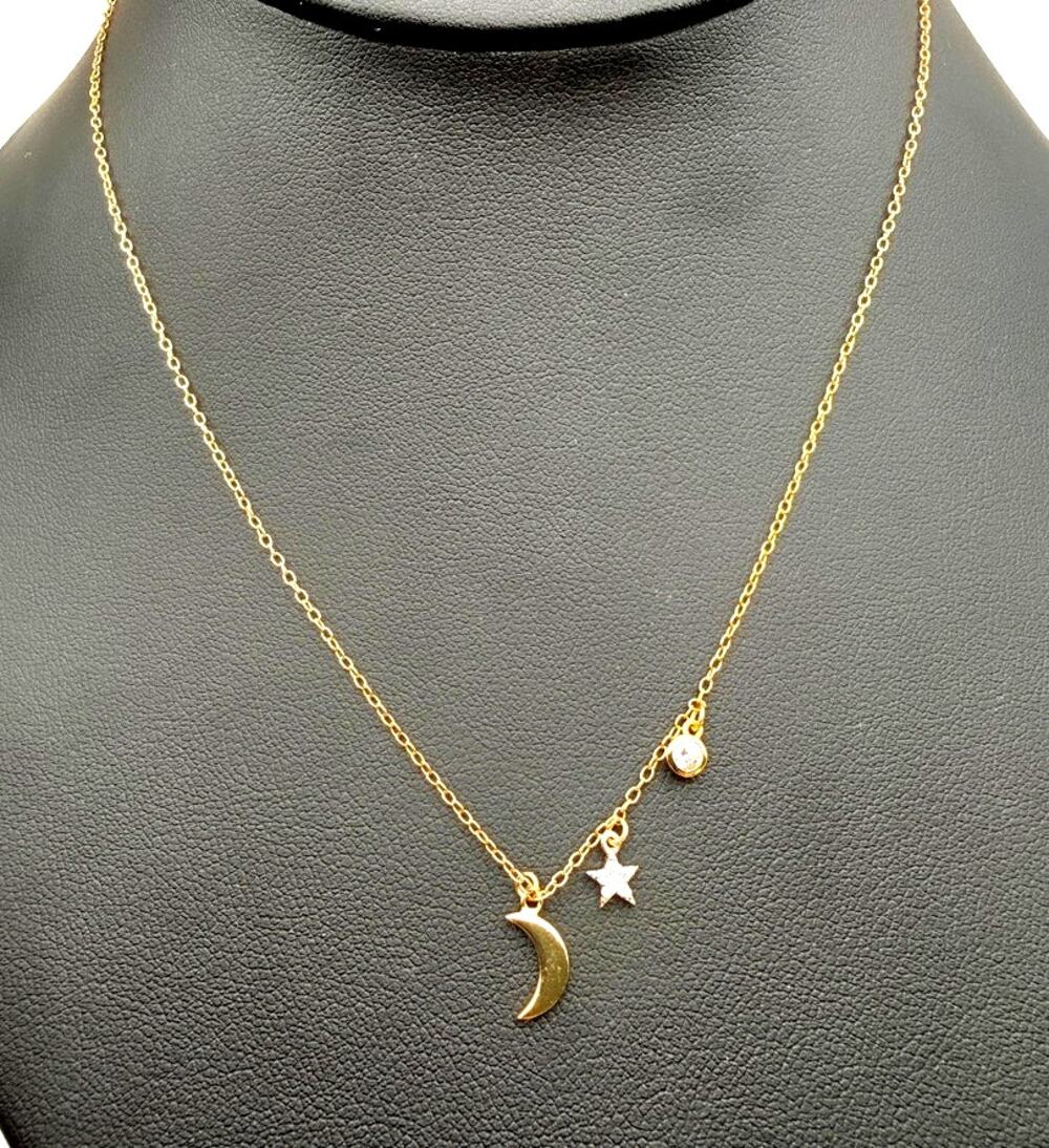 925 Silver Vermeil Dainty Moon Star Planet CZ Charms Pendant Necklace 16" + 2"